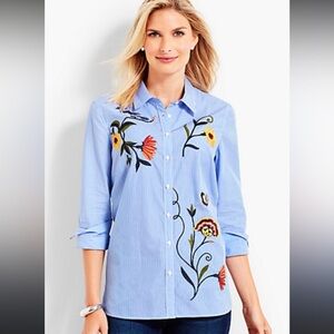 Talbots Embroidered 100% Cotton Button Down Ling Sleeve Blue & White Size Small